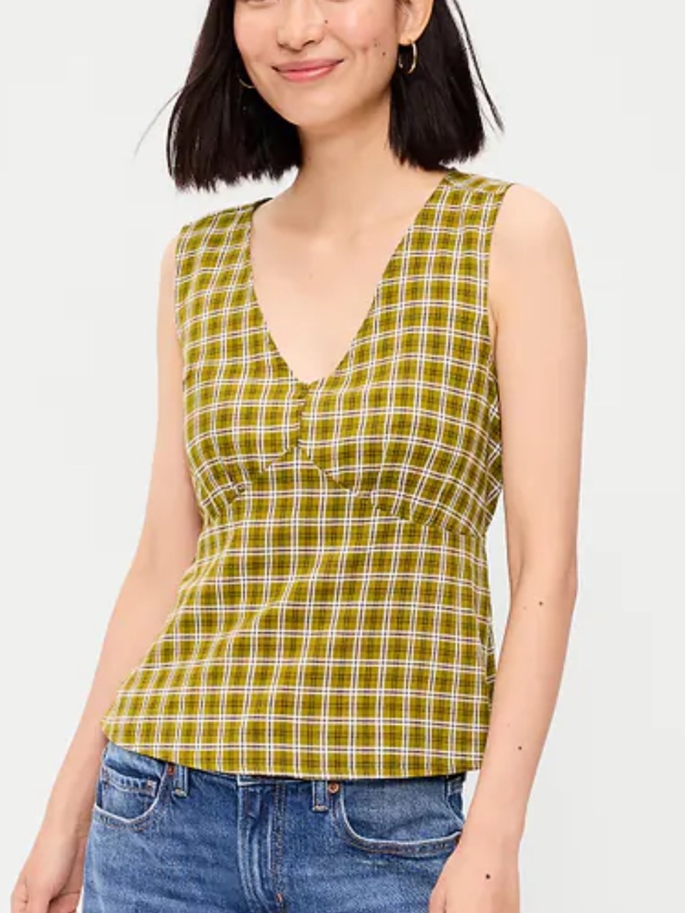 OLD NAVY Olive Green Plaid V-Neck Sleeveless Top